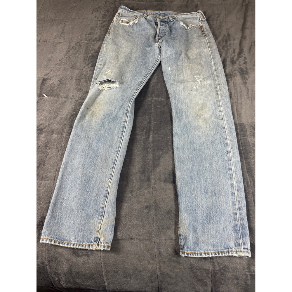 Levis 501 Original Fit Mens Distressed Light Wash Straight Leg Jeans W32 L32
